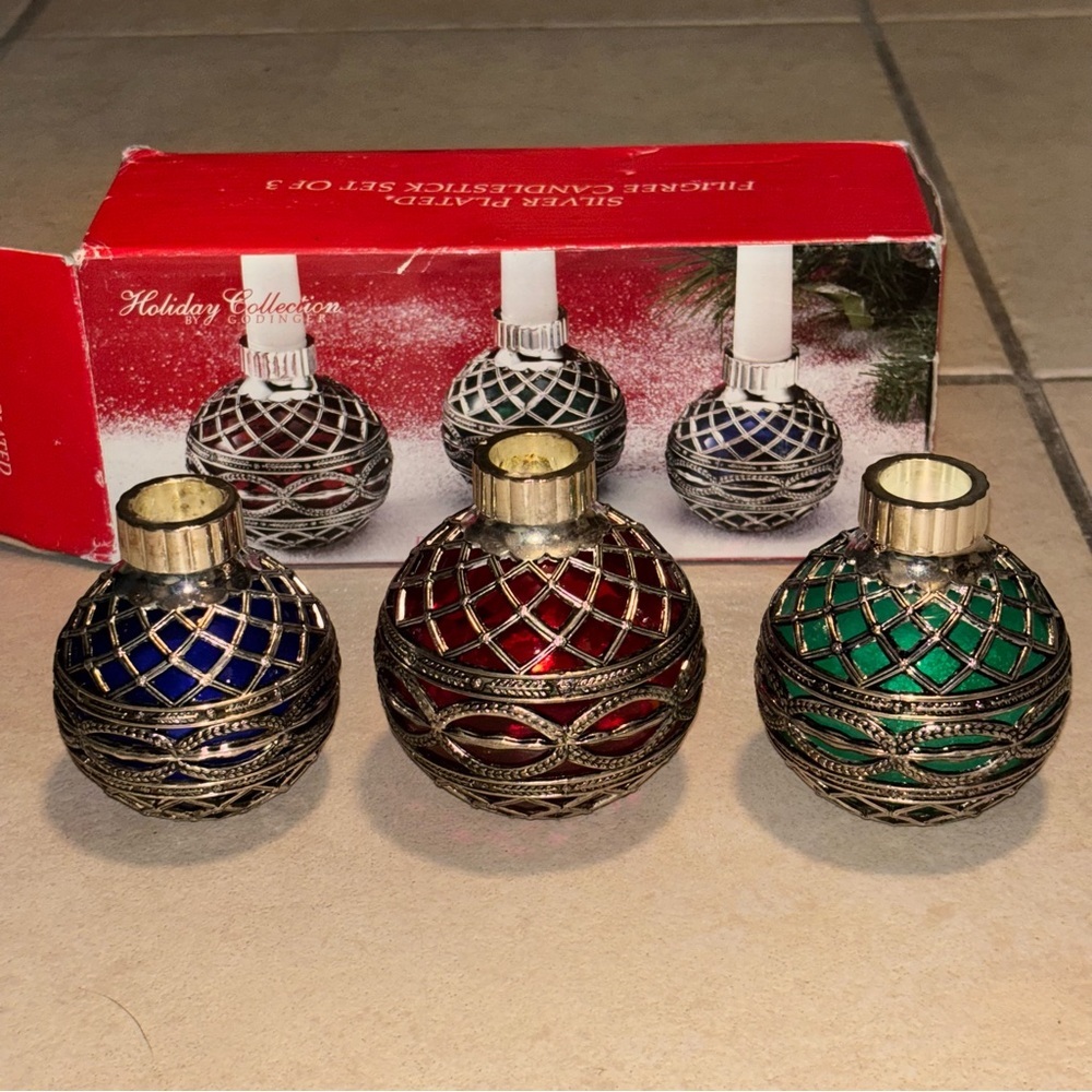 Godinger Glass Balls w/ Silver Plated Overlay Candle Holders Red Blue Green